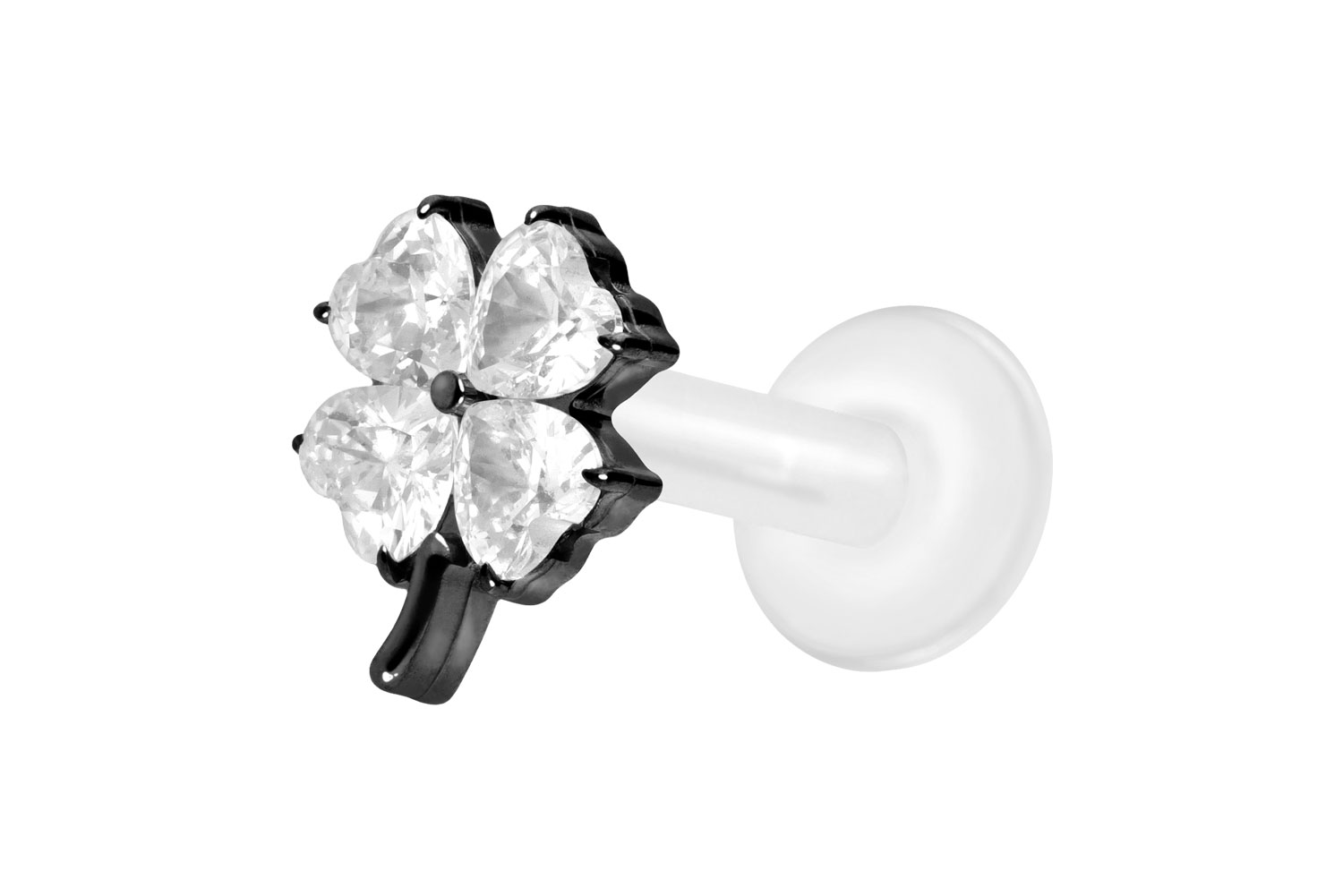 PTFE Labret Piercing mit Innengewinde + Titan-Aufsatz KRISTALLKLEEBLATT